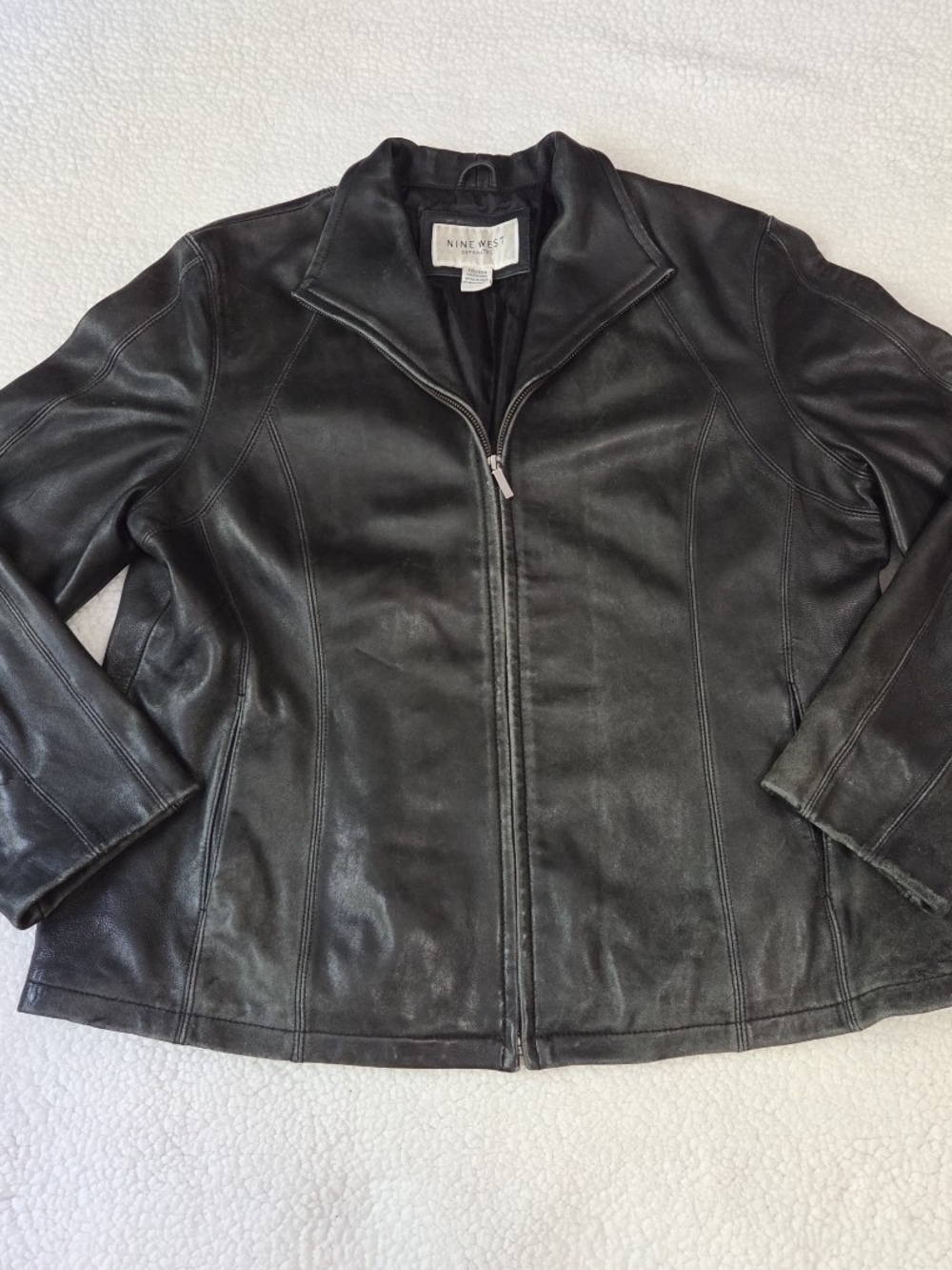 Nine West Leather Jacket Zip Up Black Soft Leather Collared Y2k